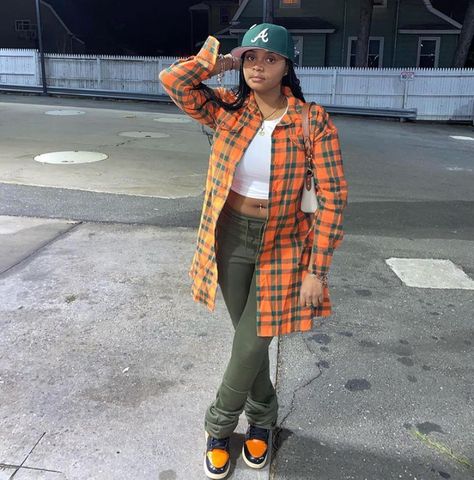 Orange Flannel Outfit, Orange Flannel, Women Flannel, Flannel Outfit, Fly Fits, Sneakerhead Fashion, Flannel Outfits, Tomboy Outfits, Tomboy Style Outfits