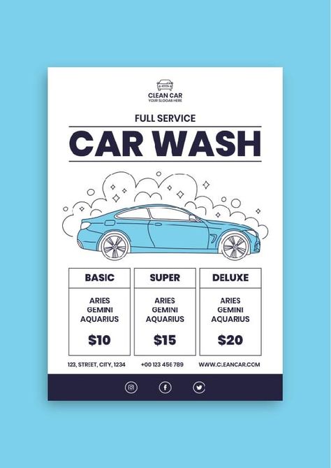 Simple Linear Car Wash Services Flyer Car Wash Branding, Carwash Posters Ideas, Car Wash Posters Ideas, Car Wash Design, Car Wash Posters, Self Service Car Wash, Detailing Car, Car Wash Business, Posters Ideas