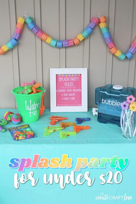 Splash Party for under $20 Splash Pad Bday Party, Splash Theme Birthday Party, Kids Pool Party Activities, Splashing Into One Birthday, Splish Splash Party Ideas, Water Park Themed Birthday Party, Splash Pad Birthday Party Decorations, Kids Water Birthday Party Ideas, Water Fun Birthday Party