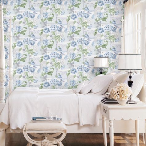 Galerie Flower and Birds Wallpaper in Blue - S45203 Satin Wallpaper, Vintage Farmhouse Bathroom, Floral Wallpaper Bedroom, Blue Floral Wallpaper, Birds Wallpaper, Embossed Wallpaper, Bird Wallpaper, Yellow Wallpaper, Nursery Wallpaper