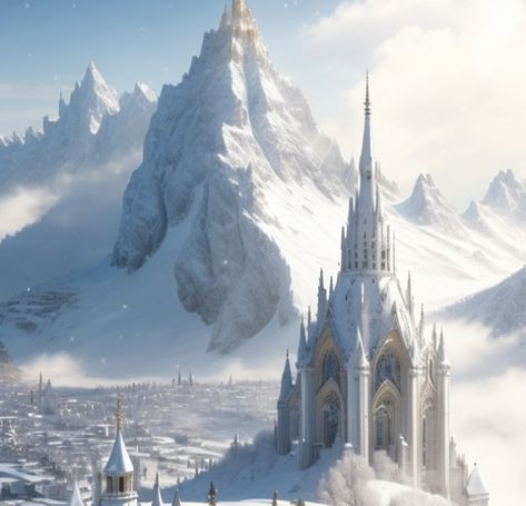 Snowy Kingdom Fantasy Art, Snowy Architecture, Snowy Kingdom, Snow Kingdom, Rose Knight, Ancient Fortress, Fantasy Worldbuilding, Kingdom Fanart, Winter Court