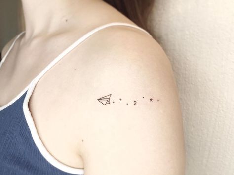 Air Plane Tattoo Ideas, Paper Planes Tattoo, Tiny Paper Airplane Tattoo, Airplane Aesthetic Tattoo, Paper Plane Tattoo Design, Cute Airplane Tattoo, Paper Plane Tattoos, Tattoos For Freedom, Paper Aeroplane Tattoo