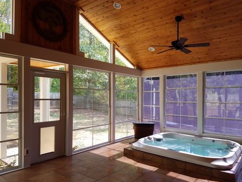 Screened Porch With Hot Tub, Porch With Hot Tub, Porch Hot Tub, Eze Breeze Windows, Cheap Backyard Makeover Ideas, Eze Breeze, Four Season Sunroom, Indoor Hot Tub, Deck Remodel