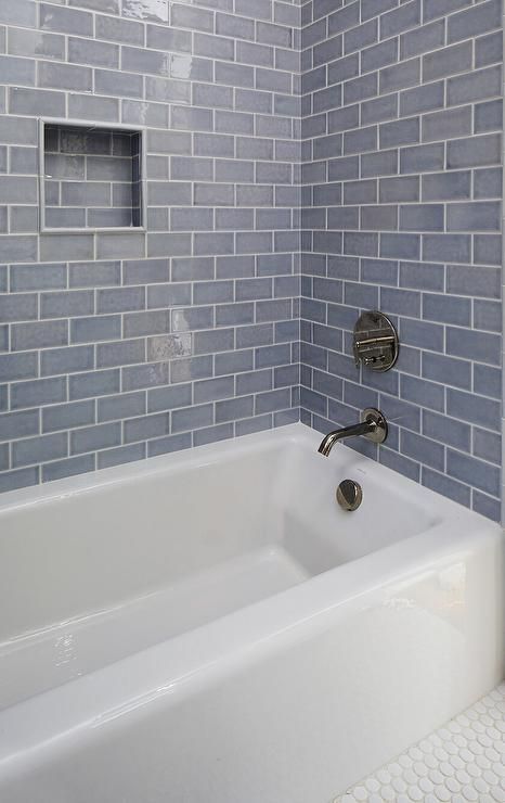 Bath Tile Ideas Tub Surround, Tiled Niche, White Marble Tile Floor, Modern Shower Design, Tile Shower Niche, Marble Shower Tile, Tile Tub Surround, Blue Subway Tile, Guest Bathroom Remodel