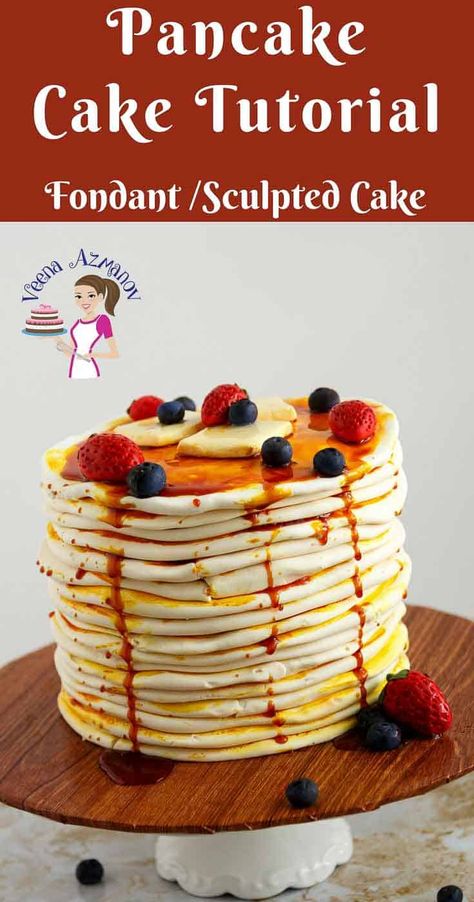 A pancake cake is a fun cake to make for any gender or any age. Weather you are 10 or 60 this is one cake that bound to bring a smile on your face. This pancake cake tutorial will show you just how simple, easy and effortless it is to create this cake in no time at all. Use my tips and special notes to help you perfect this fondant food cake. #pancake #cake #tutorial #novelty #howto #sculpted #fondant Paddington Birthday, Pancake Party, Stack Of Pancakes, Food Tutorials, Pajamas Party, Pancake Cake, Realistic Cakes, Frosting Techniques, Small Cakes