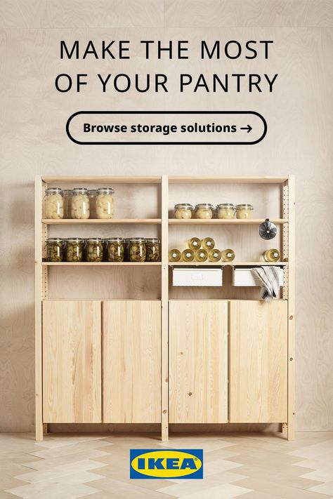 Put your kitchen supplies in instant view with our pantry organization ideas. From pantry shelves to baskets, make the most of your space. Food Storage Cabinet Ideas, Pantry Ideas For No Pantry, Ivar Ikea Pantry, Pantry Ikea Organization, Pantry Shelving Ideas Ikea, No Pantry Kitchen Organization, Ikea Pantry Shelves, Movable Pantry, Kitchen Pantry Ideas Freestanding