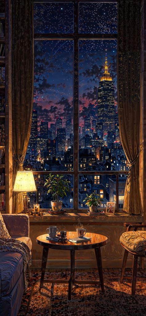 Window View Wallpaper, Night Window View, Surreal Images, Night Window, Windows Wallpaper, Dreamy Artwork, View Wallpaper, City Night, Window View