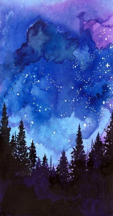 #10 PONDER ON YOUR OWN CREATION OF THE FOREST UNDER THE NIGHT'S SKY The Night Sky, Night Sky, The Sky, Watercolor Painting, Trees, Stars, Watercolour Painting