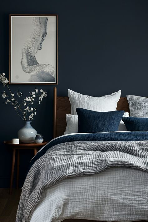 Moody Bedroom Retreats: 56 Stunning Ideas of Dark Elegance - Quiet Minimal Birthday Bedroom Surprise, Birthday Decorations Bedroom, Blue Feature Wall Bedroom, Guy Bedroom Ideas, Bedroom Ideas For Guys, Dark Blue Rooms, Birthday Bedroom, Moody Bedroom Ideas, Opulent Bedroom