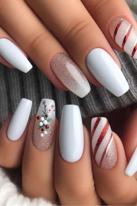 Cute Short Nail Christmas Designs, Classy Neutral Christmas Nails, Christmas Ribbon Nails Designs, Xmas Nails Candy Canes, December Nails Red And White, Christmas Nails Polygel, Xmas White Nails, Candy Cane Snowflake Nails, Red White Green Christmas Nails