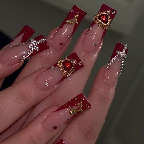 Red And Gold Bling Nails, Charro Nails, Red Bling Nails, Cross Nail Designs, Quince Nails, Cross Nails, Red Nail Designs, Bling Nails, Red Cross