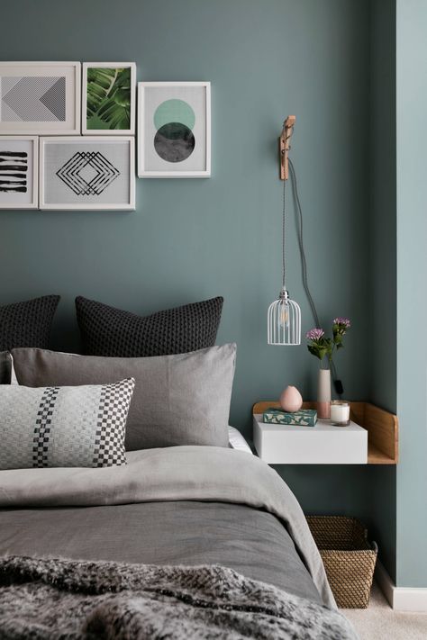 Mint Green Bedroom, Green Bedroom Design, Scandinavian Design Bedroom, Purple Bedrooms, Sage Green Bedroom, Dekorasi Kamar Tidur, Green Walls, Couple Bedroom, Trendy Bedroom