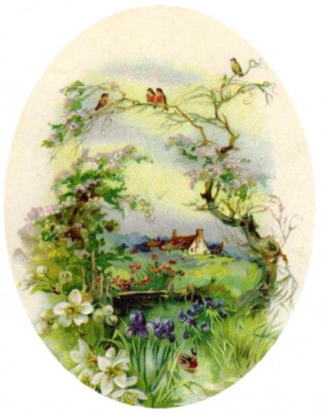 vintage spring landscape with birds and flowers around a cottage | 20 free vintage printable images for spring on Remodelaholic.com Spring Landscape, Cottage Art, China Painting, Vintage Spring, Vintage Cottage, Vintage Greeting Cards, Printable Image, Vintage Printables, Vintage Easter