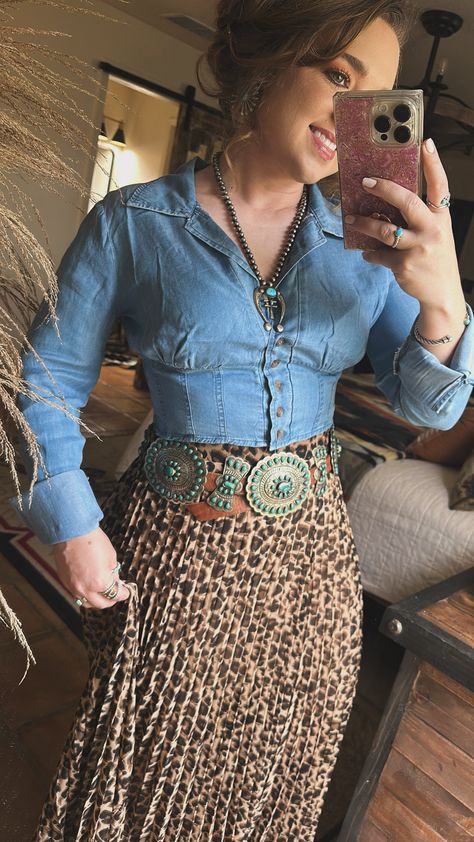 Runs a tad small. CJ is in a medium Long Skirt Western Outfit, 90s Cowgirl Fashion, Rodeo Barbie, Denim Cowgirl Outfit, Fancy Western Outfits, Western Frocks, Cowboy Dress, Western Love, Modern Country Style