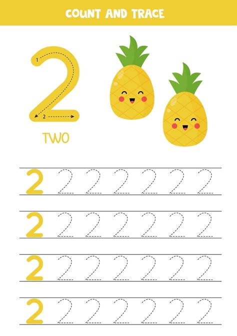 Worksheet for learning numbers with cute pineapples. Number 2. Preschool Number Worksheets, Alphabet Worksheets Kindergarten, Kids Worksheets Preschool, Math Games For Kids, Montessori Toddler Activities, Numbers Kindergarten, Kindergarten Learning Activities, Preschool Writing, Cute Pineapple