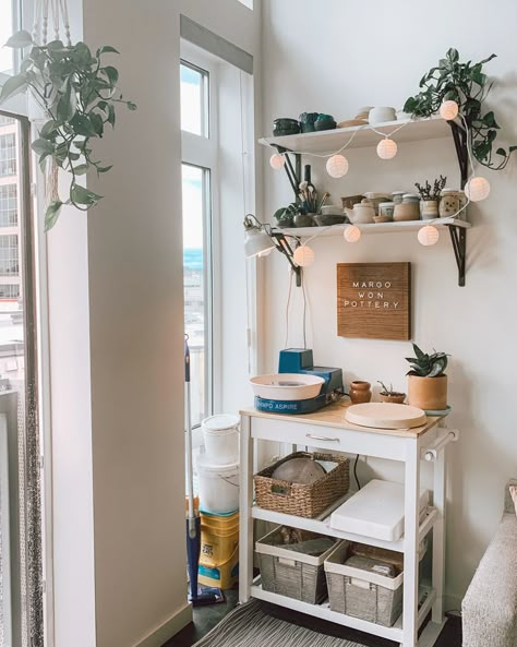 Mini pottery studio in my apartment ☺️ I live in a one bedroom downtown and so happy to have a little creative space of my own. Looking forward to the day I can have a proper studio, but love this space for now. I’ve learned to be efficient with space and always diligently clean to avoid any dust. #pottery #ceramics #artstudios #artspace #apartment #apartmentideas Balcony Pottery Studio, Pottery Space At Home, Pottery Studio Style Bedroom, Small Pottery Studio At Home, Pottery Corner At Home, Home Pottery Studio Workspaces, Pottery Set Up At Home, Mini Art Studio In Bedroom, Apartment Pottery Studio