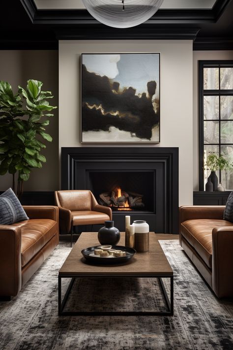 Long Narrow Gas Fireplace, Leather Sofa Deep, Brown Linen Sofa Living Room, Sectional In Long Narrow Living Room, Long Narrow Dark Living Room, Dark Living Room Ideas, Narrow Living, Transitional Interior Design, Rich Living