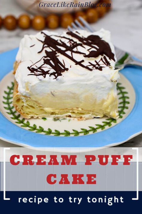 Cream Puff Cake starts with traditional cream puff pastry then topped with a thick vanilla cream layer and crowned with Cool Whip. This easy cake is drizzled with chocolate for an eye-catching presentation. You're going to love this dessert that is like a cream puff in cake form. Puff Cake Recipe, Cream Puff Pastry, Cream Puff Cake, Puff Cake, Cream Puff Cakes, Cake Form, Puff Pastry Dough, Easy Cream, Cream Puff