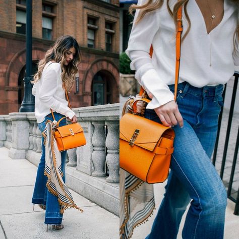 Orange Bag Style, Orange Purse Outfit, Orange Scarf Outfit, Mustard Bag, Modest Chic, Orange Outfits, Purse Outfit, Orange Purse, Orange Handbag