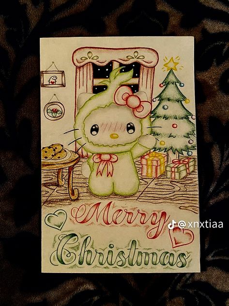 Marry Christmas Drawings, Merry Christmas Chicano Art, Christmas Chicano Art, Chicano Christmas Drawings, Bf Christmas Card Ideas, Mini Drawings Christmas, Baby Shower Drawing Ideas, Hello Kitty Christmas Drawing, Hello Kitty And Her Bf