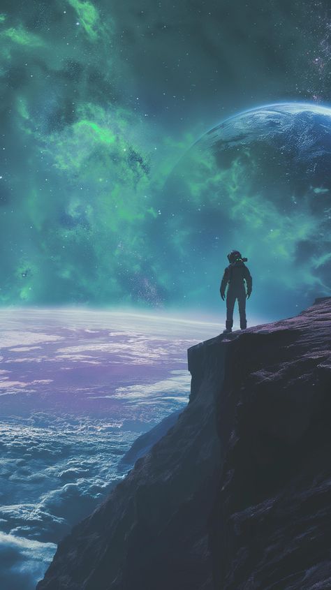 Explore the edge of wonder with our latest cosmic find! Save and follow Visual Imagine for more breathtaking visuals. An astronaut gazes upon a majestic planet rising amidst a canvas of brilliant blues, capturing the allure of the universe. A moment where rugged terrain meets the infinite, inviting you to imagine the vastness of space. 🌌✨ #CosmicAwe #SpaceExplorer #VisualImagine #AIimage Edge Of The Universe, Sci Fi Art, The Universe, Cosmos, Art Wallpaper, Album Covers, The Darkest, Planets, Sci Fi