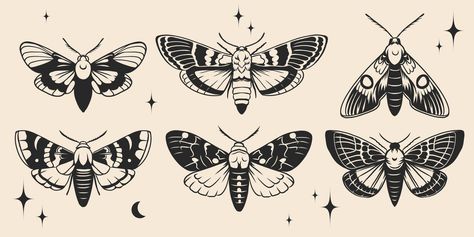 Butterfly and moth set in Y2k style aesthetic, wing shapes in front view, magic symbols collection. Monochrome vintage illustration for tattoo print card, poster design Card Poster Design, Y2k Style Aesthetic, Wing Shapes, Butterfly And Moth, Moth Illustration, Small Moths, Moth Print, Insect Tattoo, Moth Wings