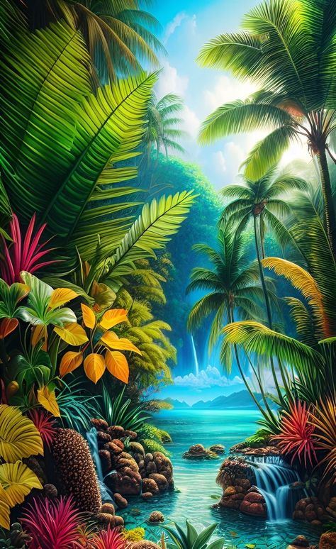 Waterfall Wallpaper, Tropical Painting, Beautiful Images Nature, Nature Art Painting, Tropical Art, Beautiful Landscape Wallpaper, Beautiful Scenery Nature, Pretty Wallpapers Backgrounds, Landscape Wallpaper