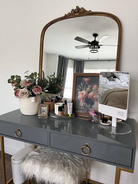 Makeup vanity Moody Makeup Vanity, Girly Vanity, Vanity Styling, Bedroom Girly, Gleaming Primrose Mirror, Primrose Mirror, Makeup Desk, Vanity Makeup, House Furniture