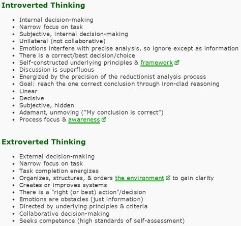 Ti Te  http://personalitycafe.com/myers-briggs-forum/15162-extraverted-introverted-functions-concrete-examples.html Extraverted Thinking, Introverted Thinking, Cognitive Functions, Myers Briggs, Introverted, Decision Making, Mbti