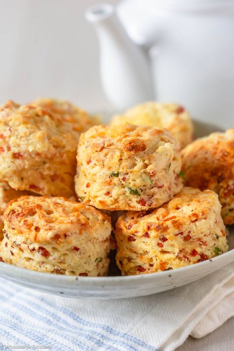 Savory Cheese, Chive and Ham Scones - Wholesome Patisserie Ham And Cheddar Scones, Savory Scones Recipe Easy, Ham Scones, Ham And Cheese Scones, Cheese And Chive Scones, Savory Scones Recipe, Savoury Scones, Savory Muffins Recipes, Best Scone Recipe