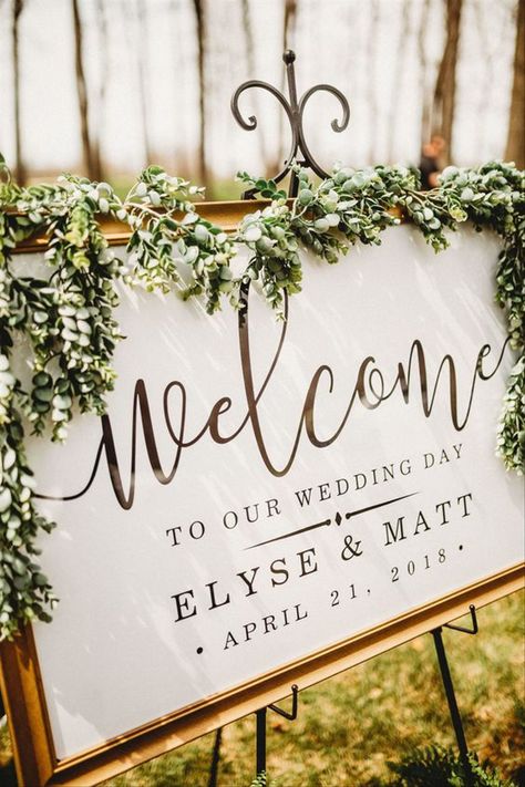 50 Chic Wedding Welcome Sign Ideas Welcome Sign Wedding Ceremony, Welcome Sign Gold Frame, Garden Wedding Entrance Decor, Wedding Signs For Reception Gold Frame, Wedding Sign In Frame, Wedding Signs With Greenery, Welcome To Wedding Sign Entrance, Welcome Sign Weddings, Wedding Welcome Sign Picture Frame