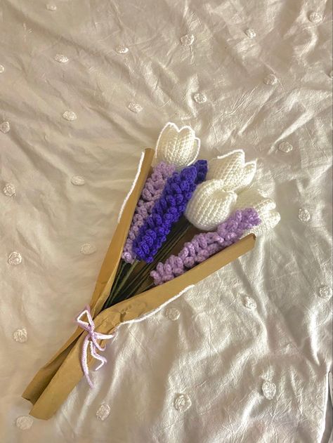 @ alwiyacrochets on ig and tiktok💐 Woolen Flower Bouquet, Lavender And Tulip Bouquet, Tulip Crochet Bouquet, Crochet Lavender Bouquet, Crochet Tulip Bouquet, Tulips Crochet, Crochet Bouquets, Crochet Lavender, Crochet Hand Warmers