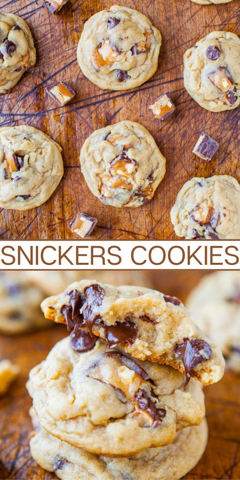 Soft and Chewy Snickers Cookies - Averie Cooks Snickers Recipes, Snickers Cookies Recipes, Snickers Dessert, Snickers Recipe, Snickers Cookies, I Lost 100 Pounds, Candy Bar Cookies, Snickers Chocolate, Cookie Board