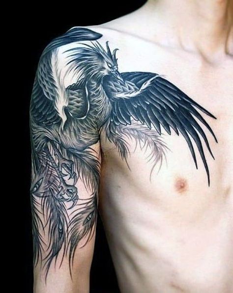 Phoenix shoulder tattoo designs cool images for men and women Male Phoenix Tattoo, Phoenix Tattoo Arm, Phoenix Tattoo Men, Tattoo Japonais, Man Arm, Phoenix Tattoo For Men, Fenix Tattoo, Rabe Tattoo, Tattoo Side