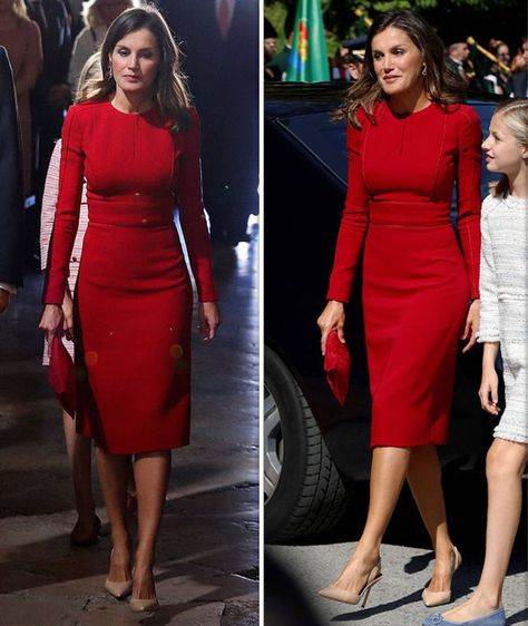 Formal Red Dress Outfit, Queen Letizia Style, Queen Letizia Winter Style, Queen Letizia Style Dresses, Queen Style, Queen Letizia Evening Gown, Classic Red Dress, Tight Red Dress, Leticia Spain Princess Letizia