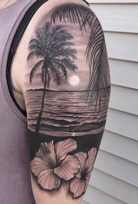 Beach Sleeve Tattoo Color, Dolphin Arm Tattoo, Hawaiian Sleeve Tattoo Women, Florida Inspired Tattoo, Beach Scene Tattoo, Ocean Tattoos Sleeve For Women, Diana Tattoo, Beach Theme Tattoos, Tropical Sleeve