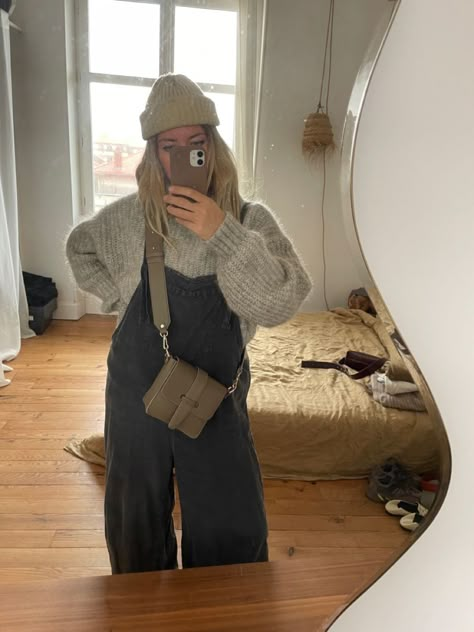 Granola Fashion Winter, Oversized Overalls Outfit Fall, Sweater With Overalls Outfit, Sweaters And Overalls, Winter Outfits Overalls, Garment Friendly Outfits Lds, Grey Overalls Outfit, Overalls And Sweater Outfit, Edgy Granola Style