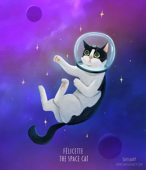 Cats In Space Drawing, Space Cat Illustration, Felicette Space Cat, Space Cat Drawing, Animated Space, Cat Portrait Tattoos, Cat Animation, Cats In Space, Astronaut Drawing