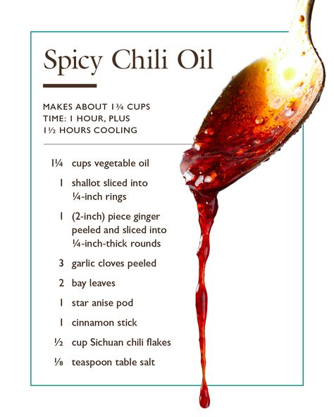 Chili oil, neutral oil infused with aromatics and spices and tinted vibrant red by Sichuan chili flakes, features in many traditional Chinese dishes. It can also be used at the table to add color and moderate heat to noodles, soups, or dumplings. Spicy Chili Oil, Har Gow, Paleo Condiments, Cooking App, Illustrated Magazine, America's Test Kitchen Recipes, Cooks Illustrated, Spicy Chili, Smart Cooking