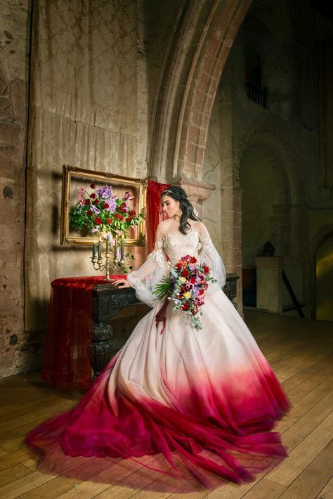 White And Red Wedding, Dip Dye Wedding Dress, Dye Wedding Dress, Hedingham Castle, Burgundy Wedding Dress, Dip Dye Dresses, Ombre Wedding Dress, Cream Wedding Dresses, Red Weddings