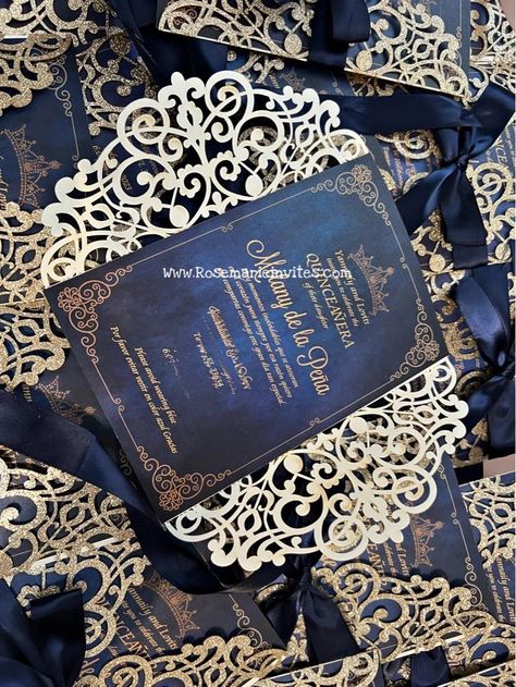 Navy Blue And Gold Quinceanera, Gold Quinceanera Invitations, Debut Decorations, Quince Invites, Debut Theme, Quince Cake, Gold Quince, Quince Invitations, Blue Quince