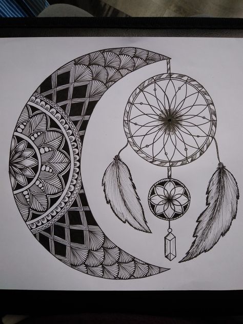 Crescent moon n dream catcher🌙☺ Mandala Drawing Dream Catcher, Dream Catcher Mandala Drawing, Crescent Moon Drawing Simple, Moon Mandala Art, Moon Zentangle, Dripping Paint Art, Dream Catcher Drawing, Butta Design, Draw Mandala