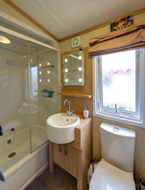 Static Caravan Bathroom Ideas, Modern Static Caravan Interior, Caravan With Bathroom, Static Caravan Conversion, Static Caravan Renovation, Caravan Living, Caravan Home, Caravan Decor, Caravan Makeover