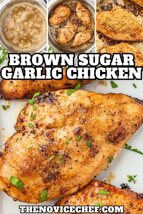 This pan-seared garlic brown sugar chicken is our juicy go-to chicken breast recipe that'll save your busy weeknights. Made with just 4 ingredients in 30 minutes, the whole family will be craving this sweet and savory chicken dinner! Chicken Breast Recipes Stove Top, Sauteed Chicken Breast Recipes, Stove Chicken Recipes, Easy Chicken Breast Recipe, Sweet And Savory Chicken, Garlic Brown Sugar Chicken, Novice Chef, Pan Seared Chicken Breast, Brown Sugar Chicken