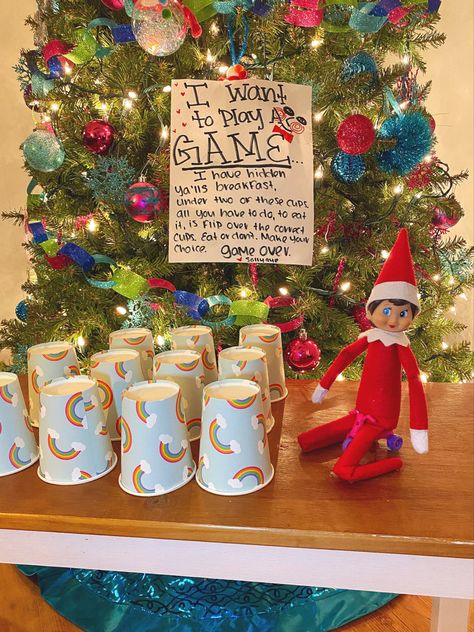 Elf On The Shelf Cup Game, Elf On The Shelf Idea, Elf Games, Elf On Shelf, Cup Game, Cup Games, Lets Play A Game, Fruit Cups, Red Cups