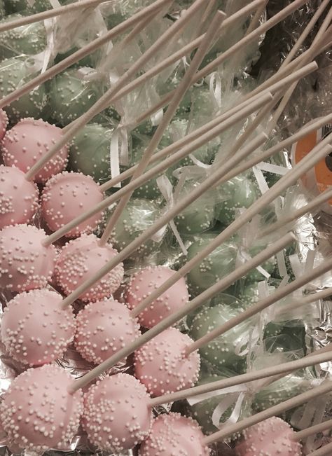 Homemade Cake Pops Chocolate & Vanilla Cake  Pink & Mint Green #Wedding #EivyMarie Light Pink Birthday Theme, Pink Gold Green Birthday Party, Sage Green And Lavender Sweet 16, Sage Green And Pink Decorations, Sage And Pink Party Decor, Sage Green And Pink Party, Emerald Green And Light Pink Quince, Sage And Pink Party, Pastel Sweet 16 Theme