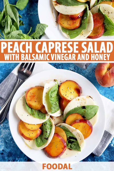 If you need a lightened up summer dinner or an opener for a heavy grilled meal, this fresh peach caprese salad is for you. This recipe is completely stress free, highlighting the sweet fruit, the savory flavor of the mozzarella cheese, and the herbaceous notes of the basil. Read more. #capresesalad #peachrecipe #foodal Peach Caprese Salad, Peach Caprese, Tuna Fish Salad, Super Salad, Grilled Dinner, Fish Salad, Sweet Fruit, Grilled Peaches, Peach Recipe