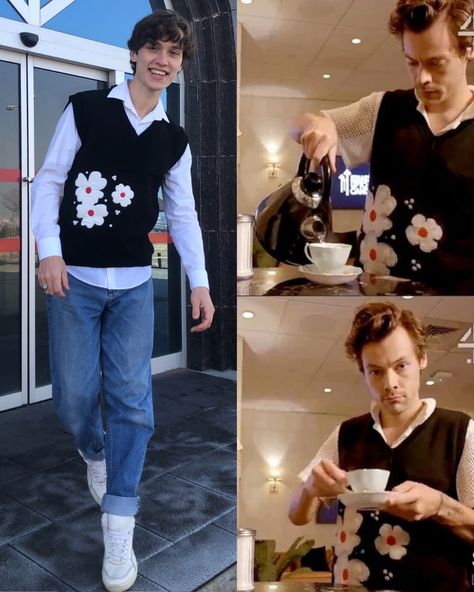 Harry Styles outfit #harrystyles #sweater #knitting Harry Styles Sweater Vest, Harry Styles Vest, Boho Vest Crochet, Harry Styles Sweater, Harry Styles Cardigan, Black Sweater Vest, Harry Styles Outfit, Vest Crochet, Floral Vest