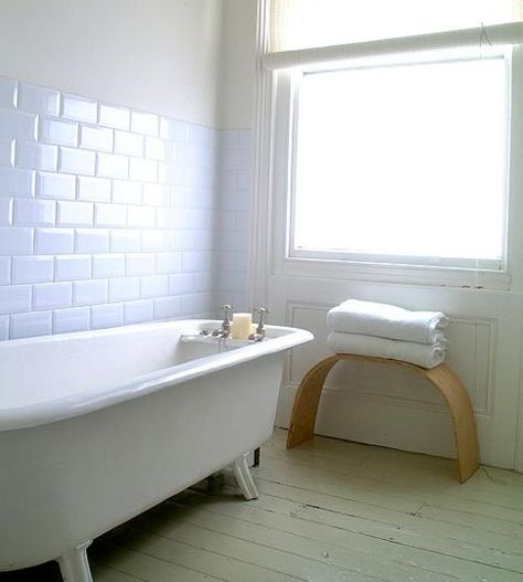 subway tiles and plank wood floors painted with marine paint. and a little wainscoting touch for good measure! Bathroom Scandinavian Style, Painted Bathroom Floors, Painted Wooden Floors, Wooden Bathroom Floor, Best Wood Flooring, Wood Floor Bathroom, Apartment Painting, Marine Paint, Painted Wood Floors