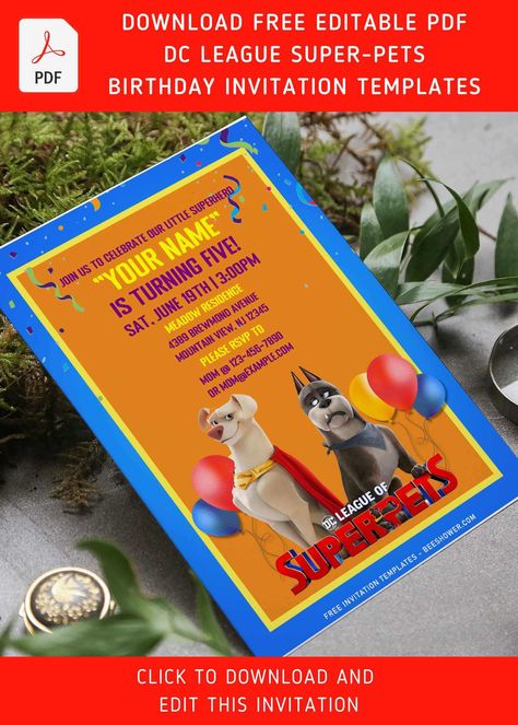 Download (Free Editable PDF) Colorful DC League Super Pets Birthday Invitation Templates Super Pets Birthday Party, Dc Super Pets, Pets Birthday Party, Free Invitation Templates, Computer Animation, Colourful Balloons, Animal Birthday, Animal Party, 5th Birthday